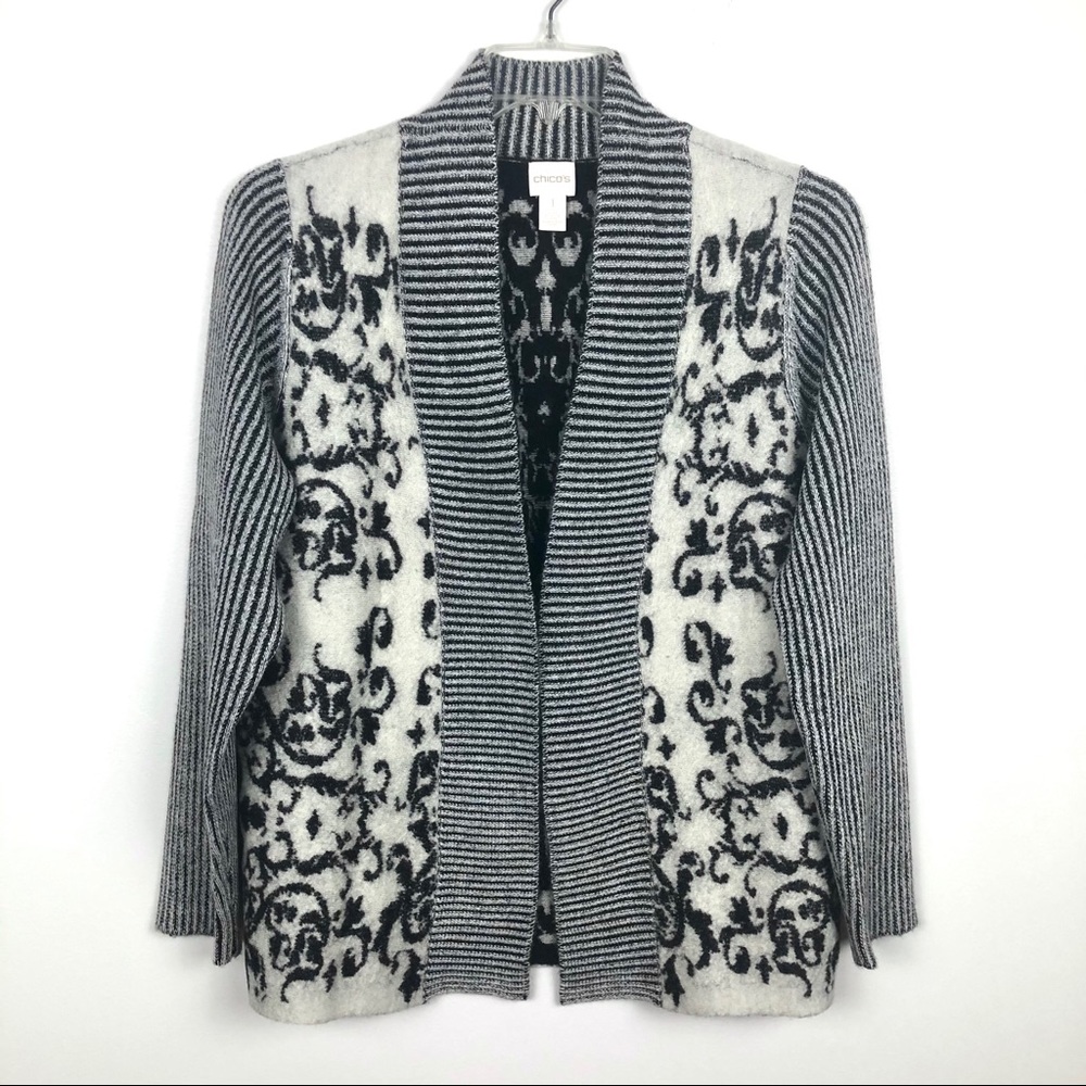 Chico's Ivory & Black Paisley Striped Wool Open Front Cardigan M